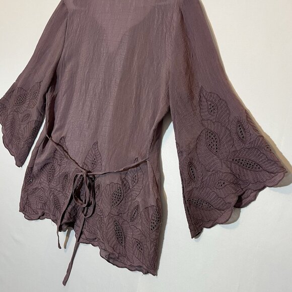 Solitaire Women Top Tunic Embroidery Boho Blouse Medium Purple Tie Flare Sleeve - Picture 8 of 11
